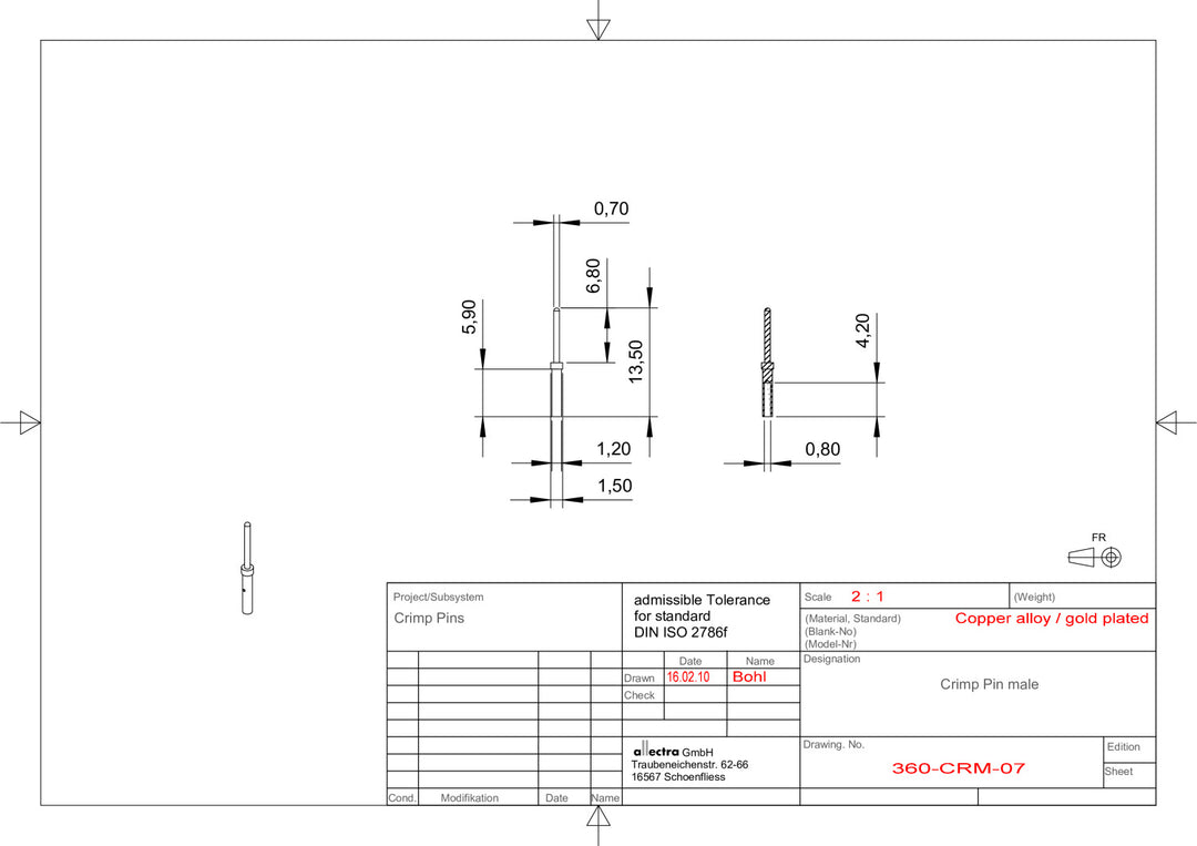 CRIMP MALE PINS, 0.75mm MAX ID, GOLD PLATED COPPER ALLOY, PACK OF 10