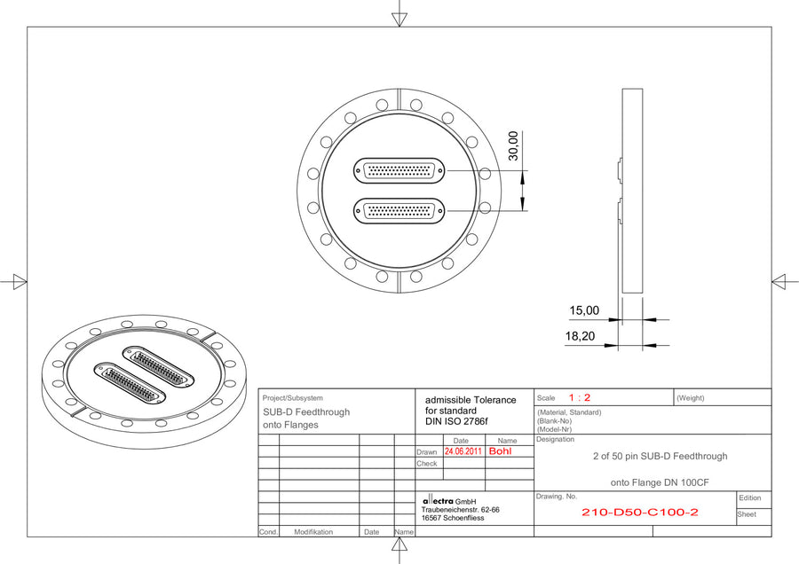 DN100CF FLANGE, 2 x SUB-D 50-WAY FEEDTHROUGHS, UHV