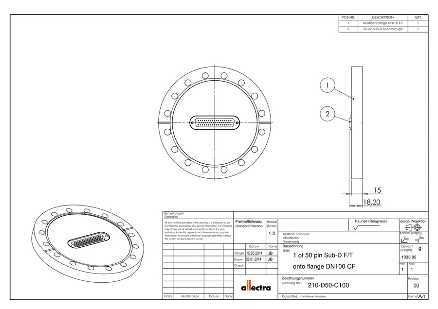 DN100CF FLANGE, SUB-D 50-WAY FEEDTHROUGH, UHV