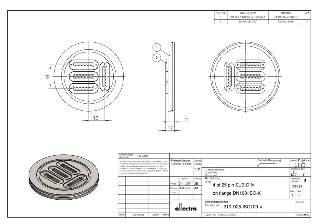 DN100ISO-K FLANGE, 4 x SUB-D 25-WAY FEEDTHROUGHS