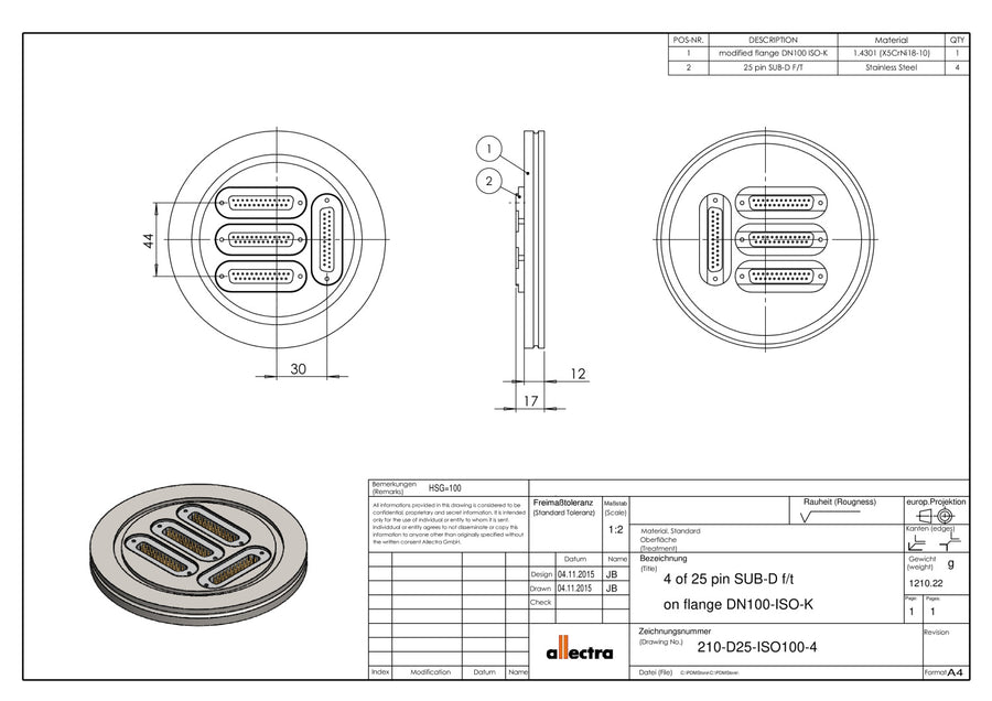DN100ISO-K FLANGE, 4 x SUB-D 25-WAY FEEDTHROUGHS