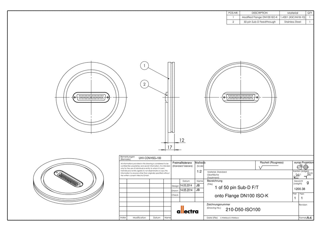 DN100ISO-K FLANGE, SUB-D 50-WAY FEEDTHROUGH