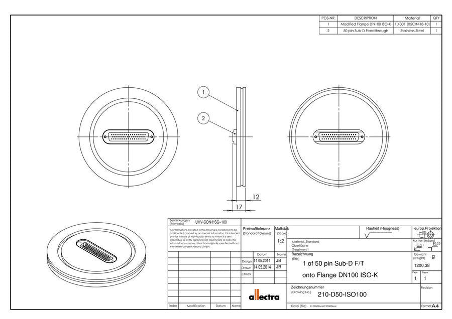 DN100ISO-K FLANGE, SUB-D 50-WAY FEEDTHROUGH
