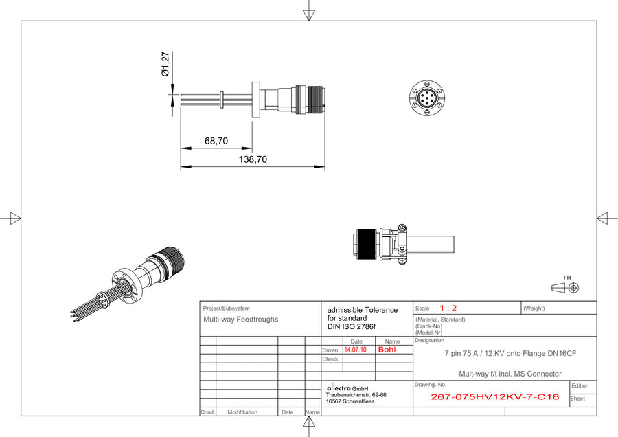 DN16CF MS FEEDTHROUGH, 7x MOLYBDENUM CONDUCTORS, 12KV, 7.5A, AIR SIDE MS CONNECTOR