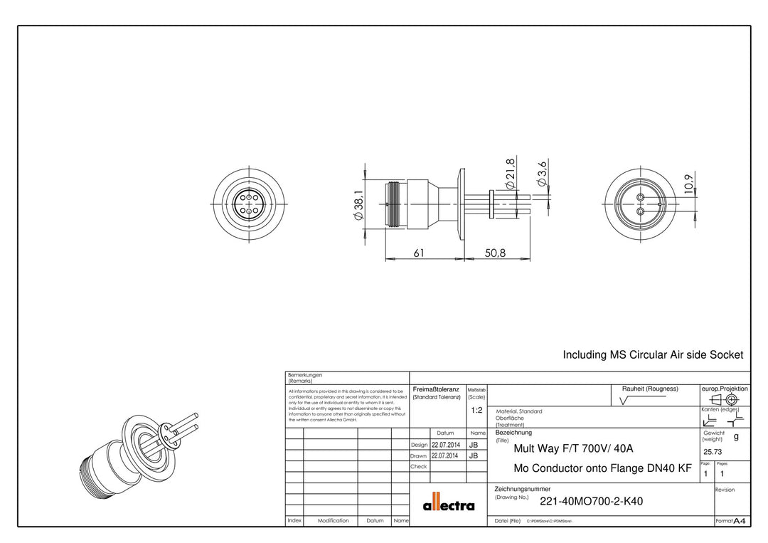DN16KF MULTIPIN FEEDTHROUGH, 2 MOLYBDENUM PINS, 28A, 700V, AIR SIDE MS CONNECTOR
