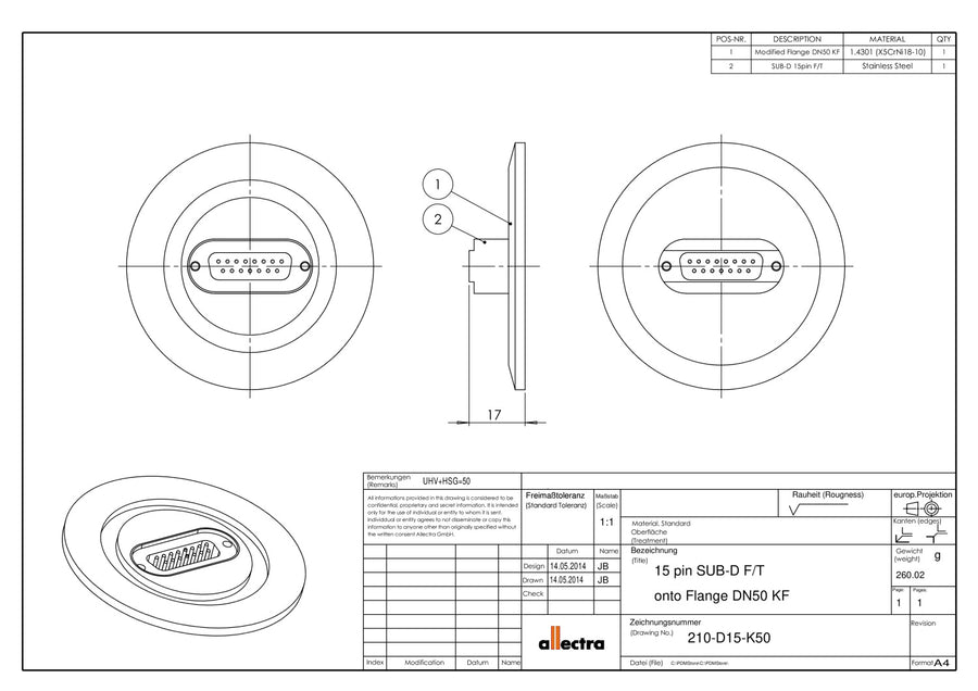 DN50KF FLANGE, SUB-D 15-WAY FEEDTHROUGH