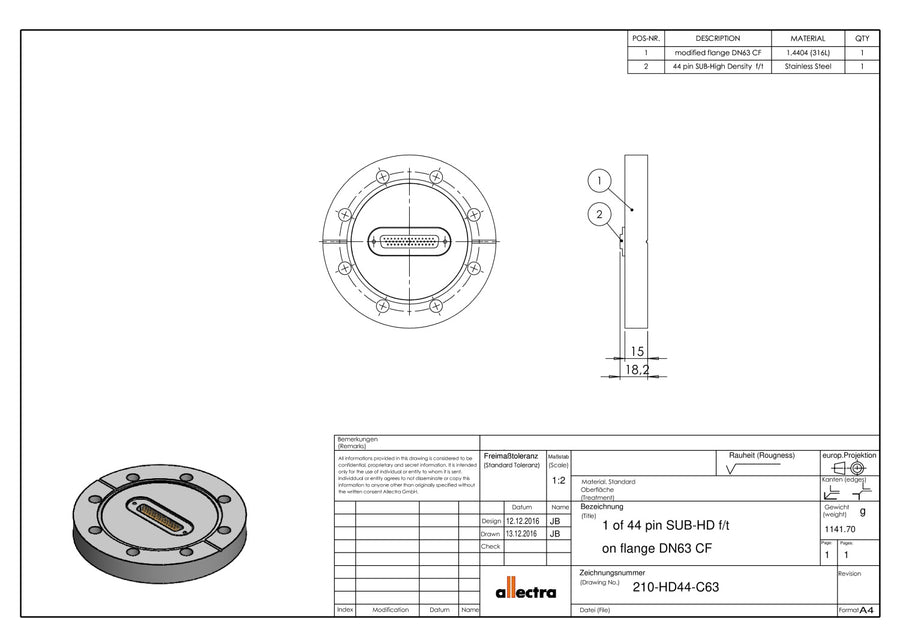 DN63CF FLANGE, SUB-D 44-WAY HIGH DENSITY FEEDTHROUGH