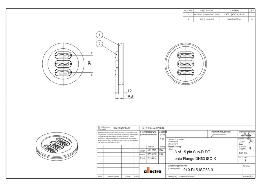 DN63ISO-K FLANGE, 3 x SUB-D 15-WAY FEEDTHROUGHS
