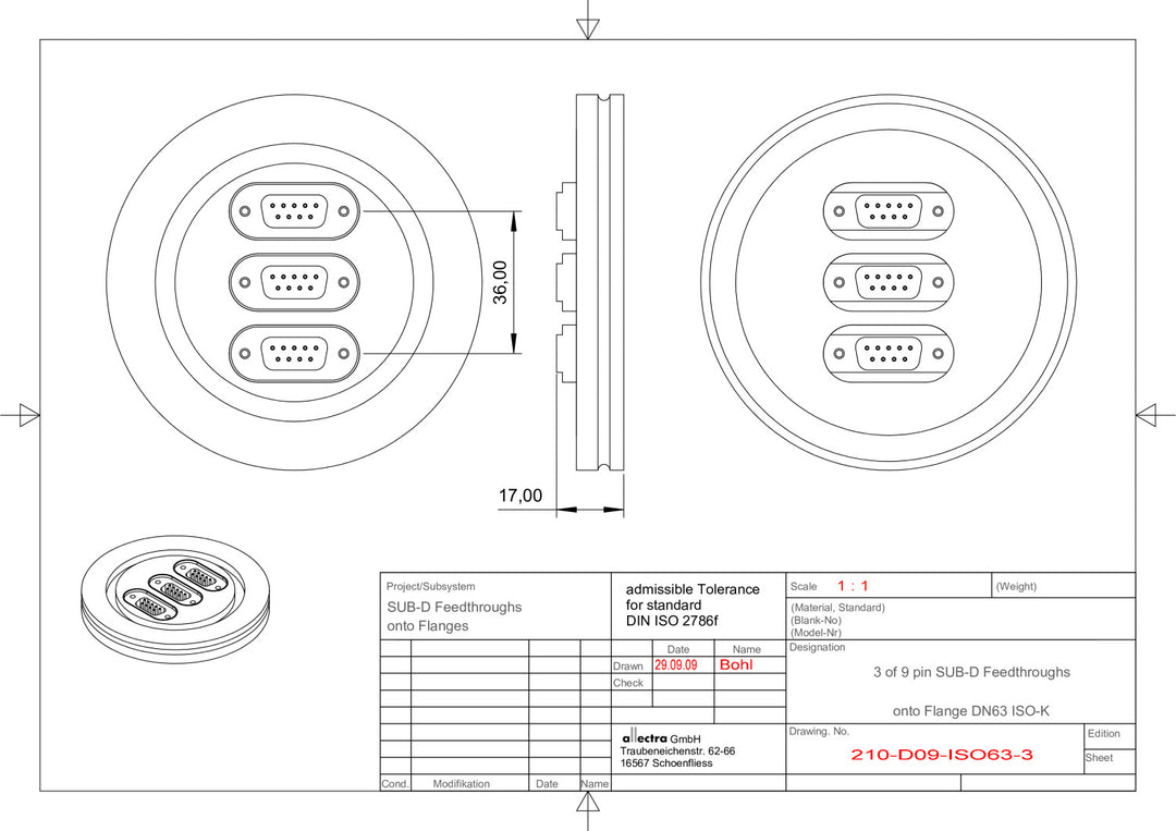 DN63ISO-K FLANGE, 3 x SUB-D 9-WAY FEEDTHROUGHS
