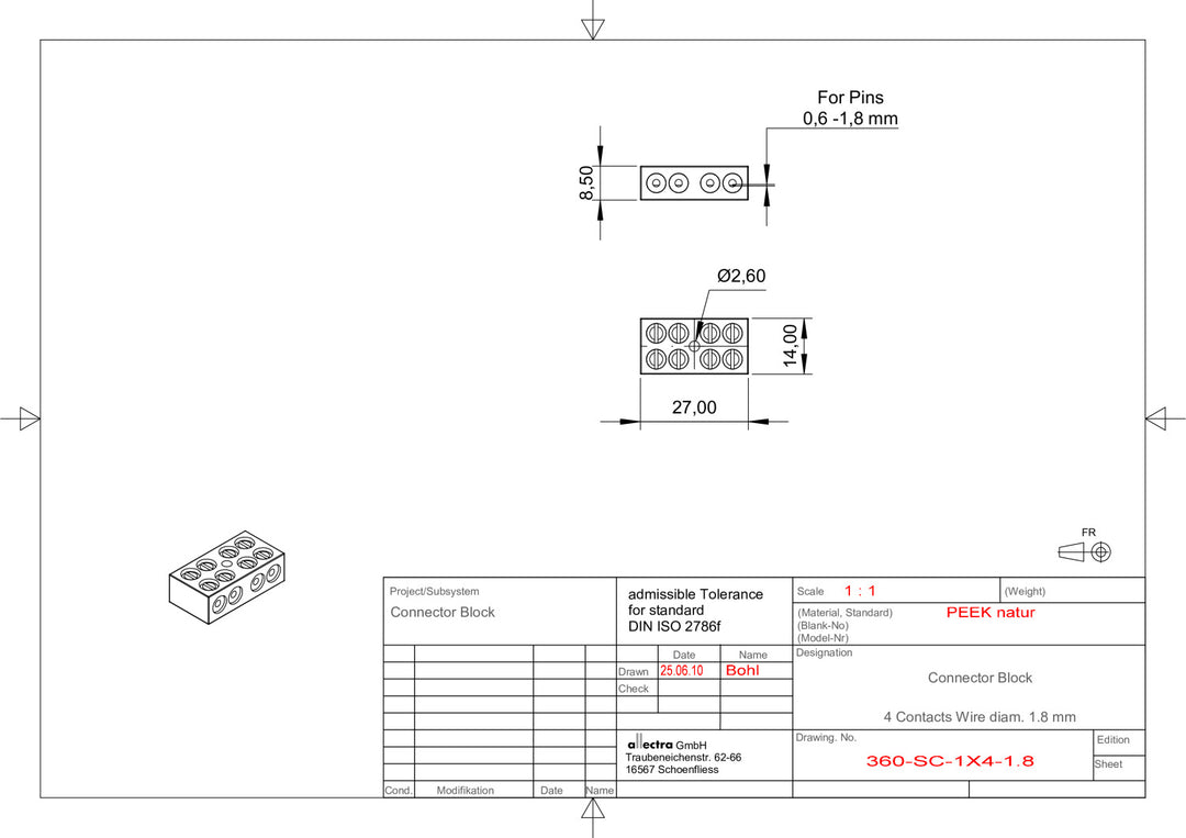 PEEK CONNECTOR BLOCK, UHV COMPATIBLE, 4 PINS, 1 x 4 CONTACTS