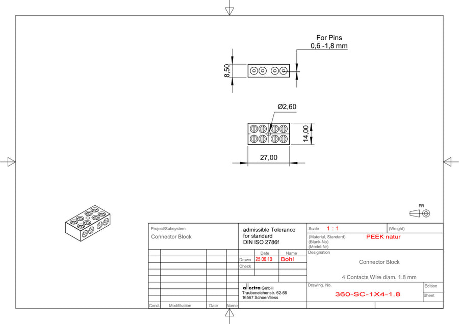 PEEK CONNECTOR BLOCK, UHV COMPATIBLE, 4 PINS, 1 x 4 CONTACTS