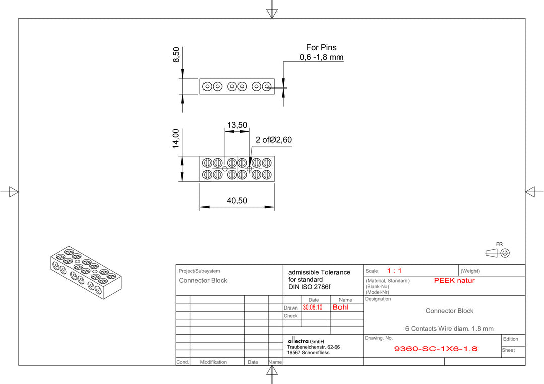 PEEK CONNECTOR BLOCK, UHV COMPATIBLE, 6 PINS, 1 x 6 CONTACTS