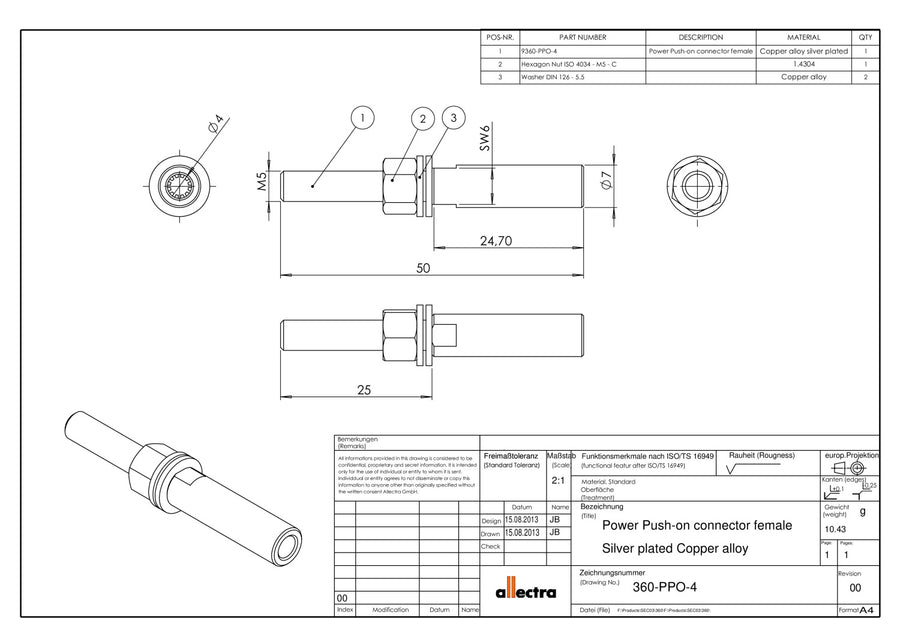 POWER PUSH ON CONNECTORS 4mm PINS, INCLUDING NUTS AND WASHERS, PACK OF 5