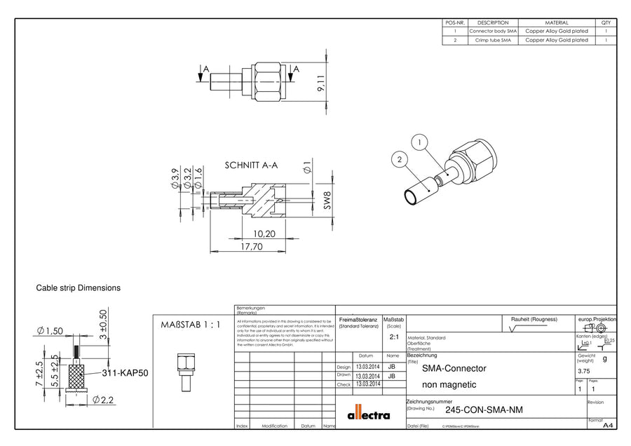 SMA VACUUM SIDE MALE PLUG, UHV, 50 OHMS, PTFE INSULATION,NON-MAGNETIC FOR 311-KAP50