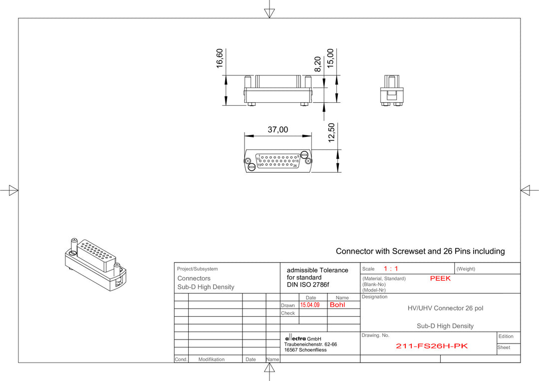 SUB-D 26-WAY UHV PEEK SOCKET, HIGH DENSITY, CRIMP PINS