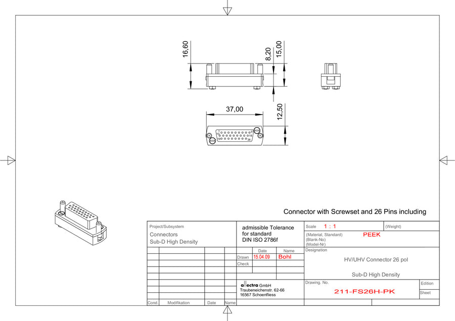 SUB-D 26-WAY UHV PEEK SOCKET, HIGH DENSITY, CRIMP PINS