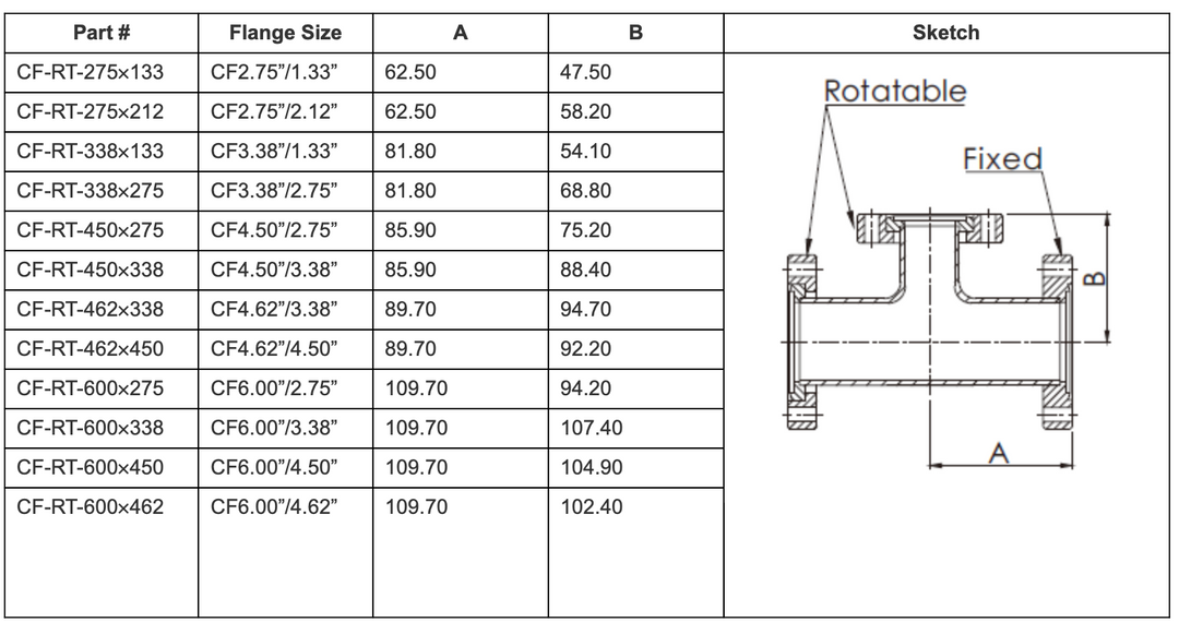 CF3.38”(DN50CF) - CF1.33" (DN16CF) Reducing Tee