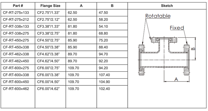 CF3.38”(DN50CF) - CF1.33" (DN16CF) Reducing Tee