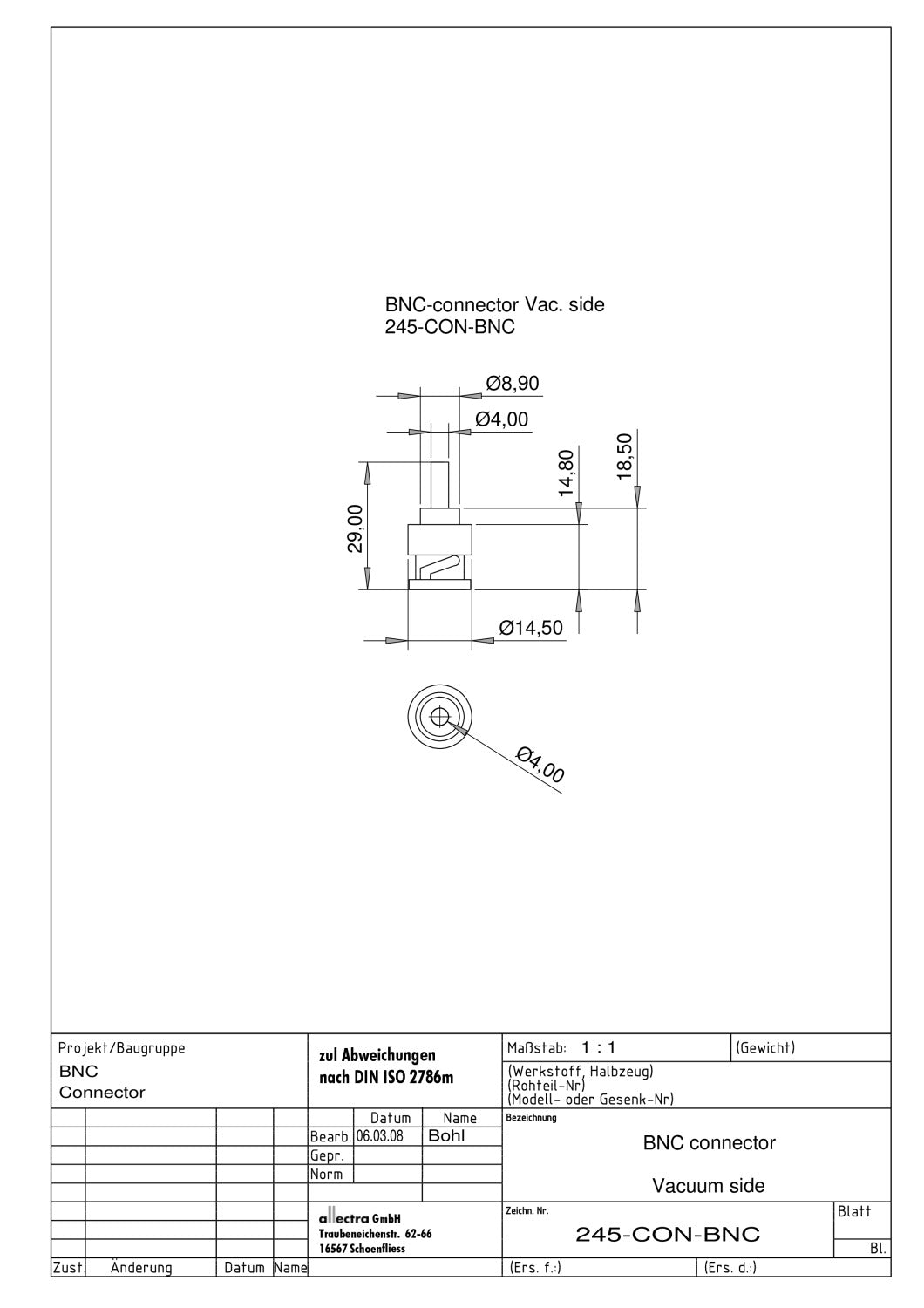 BNC VACUUM SIDE CONNECTOR, FOR USE WITH 311-KAP50, FITS DOUBLE SIDED BNC FEEDTHROUGH