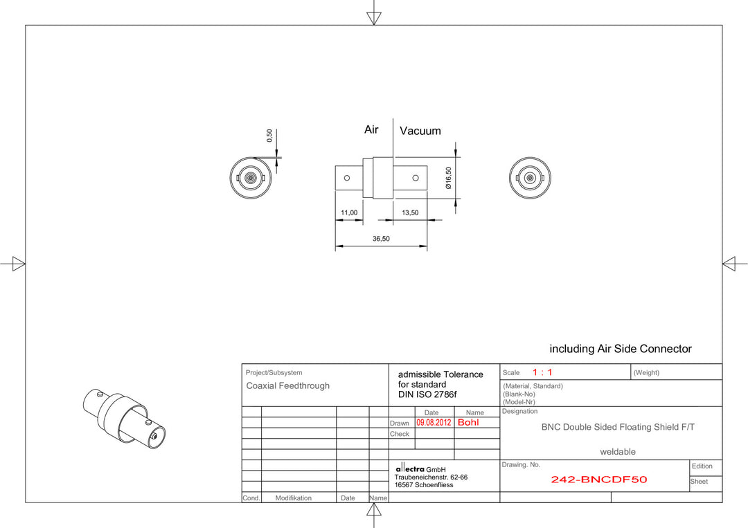 WELDABLE BNC FEEDTHROUGH, 50 OHM TYPE, 4 GHz, FLOATING SHIELD, DOUBLE SIDED, RG58 SOCKET