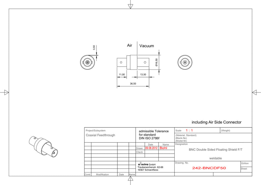 WELDABLE BNC FEEDTHROUGH, 50 OHM TYPE, 4 GHz, FLOATING SHIELD, DOUBLE SIDED, RG58 SOCKET