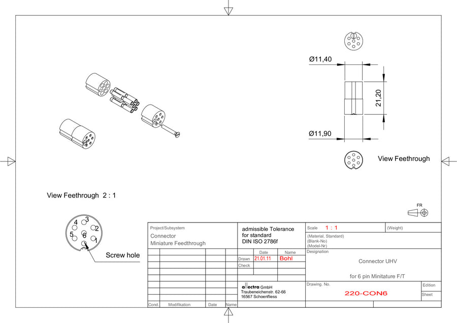 CM STANDARD CONNECTOR, 6 PIN, FEMALE, PEEK, UHV, PINS