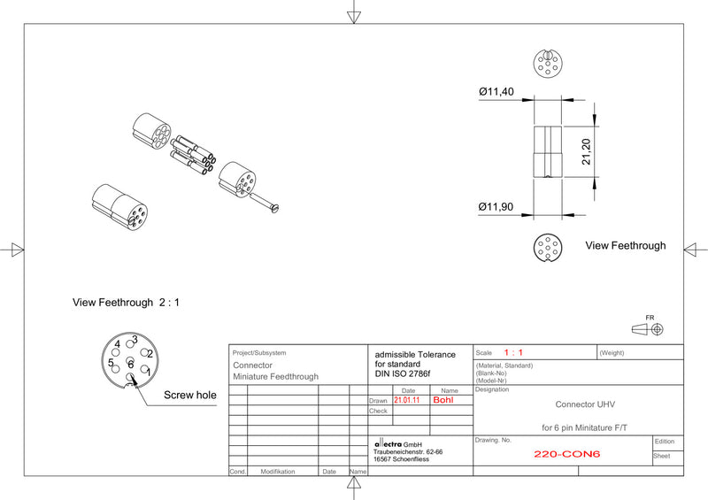 CM STANDARD CONNECTOR, 6 PIN, FEMALE, PEEK, UHV, PINS