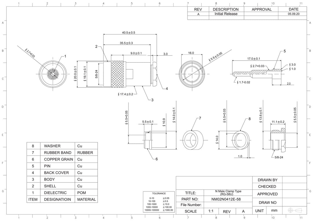 AIR SIDE CONNECTOR FOR N-TYPE FEEDTHROUGH, FITS RG58 CABLE