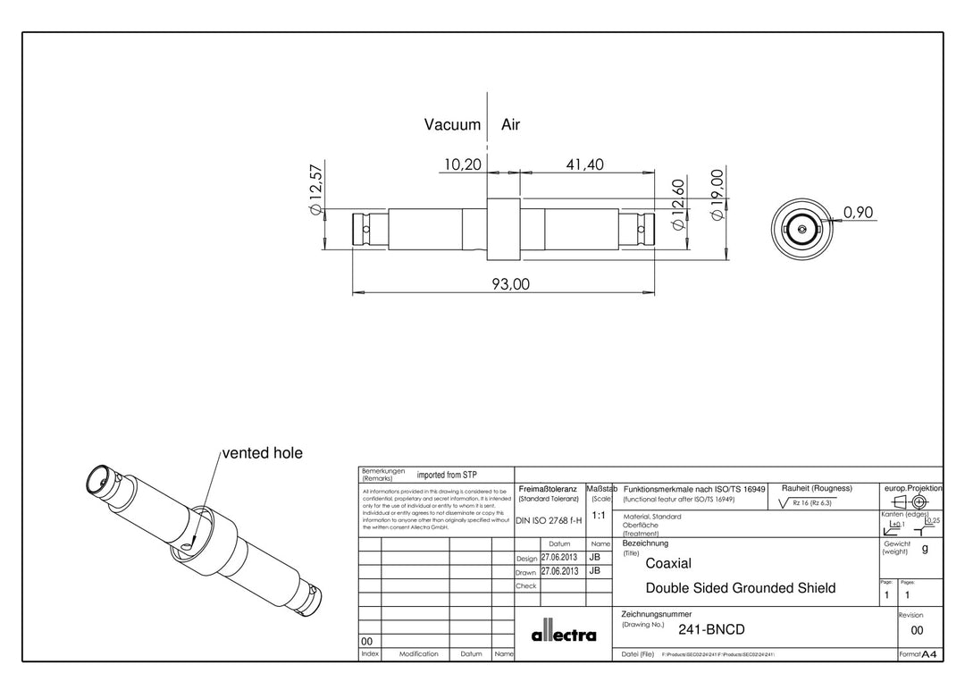 WELDABLE BNC FEEDTHROUGH, DOUBLE SIDED, GROUNDED SHIELD, AIR SIDE CONNECTOR