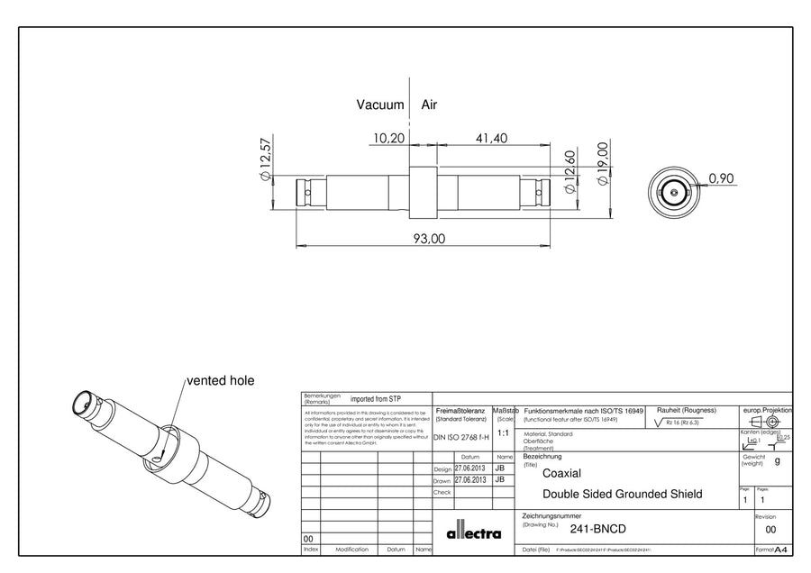 WELDABLE BNC FEEDTHROUGH, DOUBLE SIDED, GROUNDED SHIELD, AIR SIDE CONNECTOR