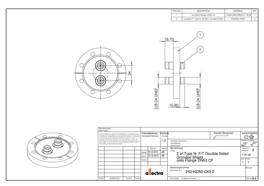 DN63CF 2x TYPE N FEEDTHROUGHS, 50 Ohm, 3KV, DOUBLE SIDED, INCLUDING AIR SIDE RG213 SOCKETS