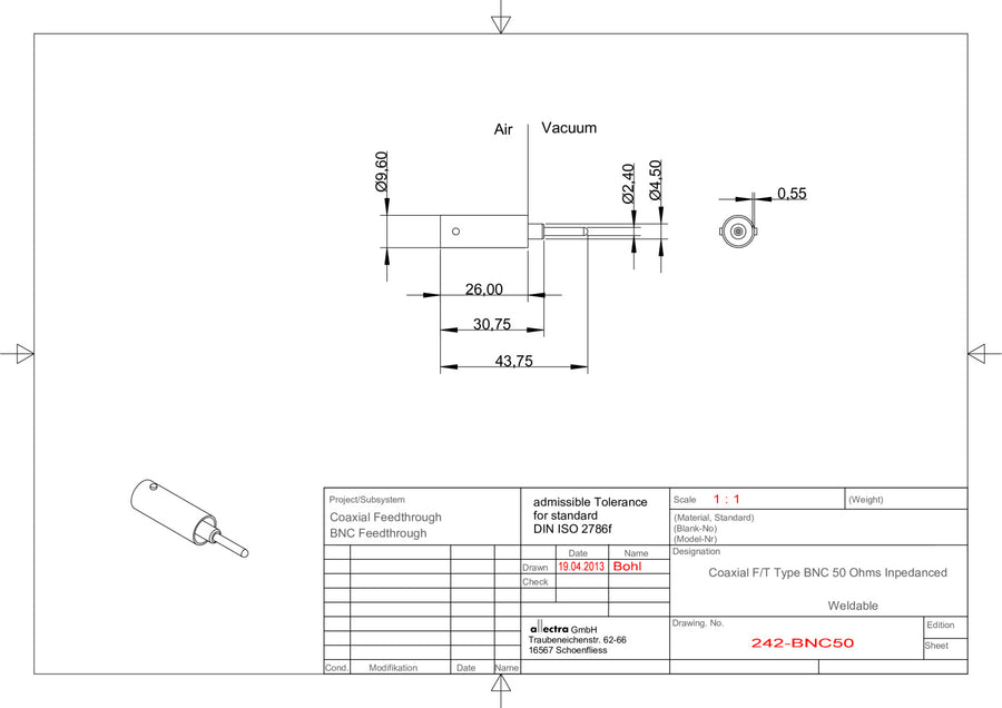 WELDABLE BNC FEEDTHROUGH, 50Ω, GROUNDED SHIELD, SINGLE SIDED, RG58 SOCKET