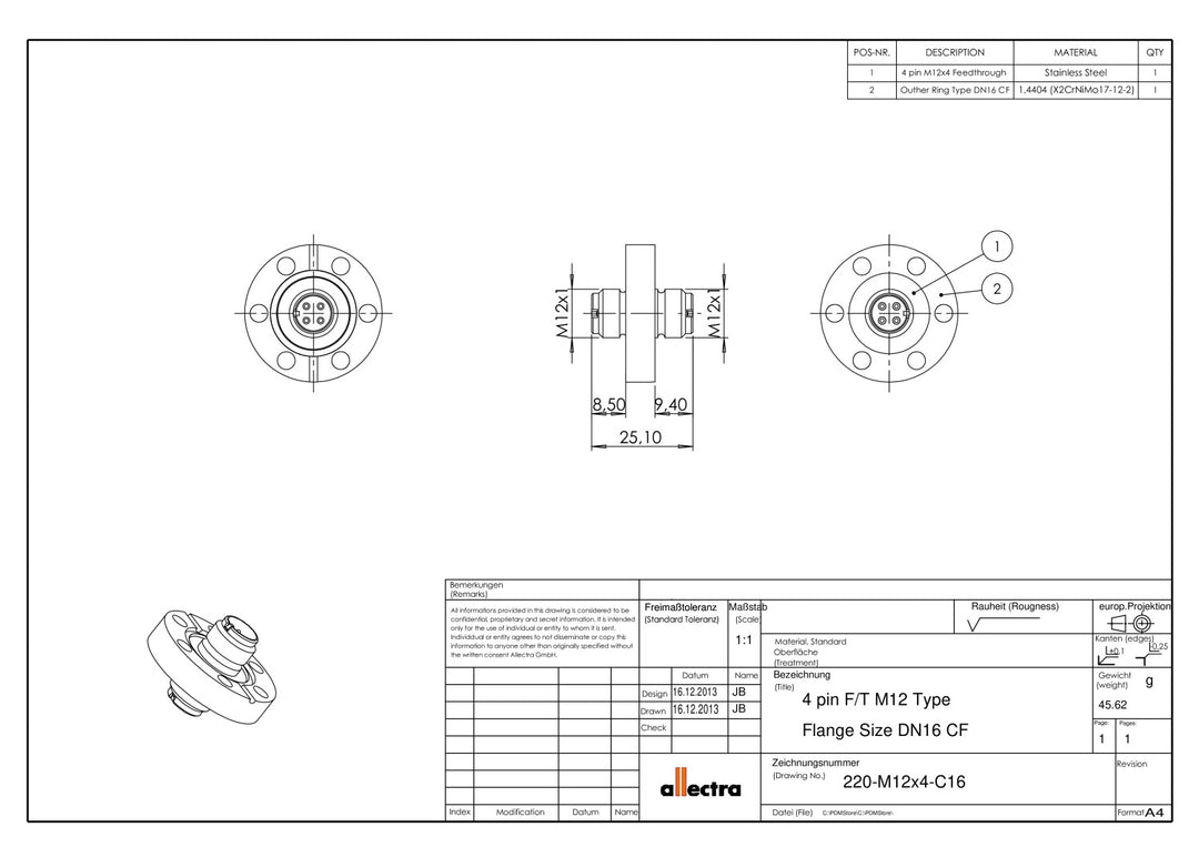 DN16CF FLANGE WITH M12 FEEDTHROUGH