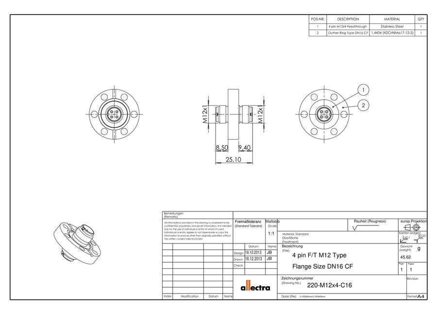 DN16CF FLANGE WITH M12 FEEDTHROUGH