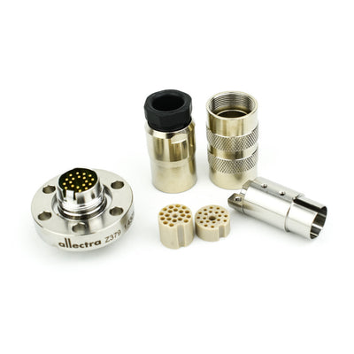 DN16CF FLANGE WITH 19 PIN CM FEEDTHROUGH SET, UHV & AIR SIDE CONNECTORS, STRAIN RELIEF