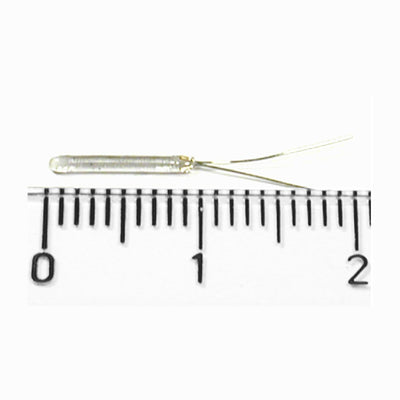 MINIATURE GLASS HEATER, 2.2mm DIA. x 9mm LONG, WITH 10mm CONNECTION WIRES 0.2mm DIA
