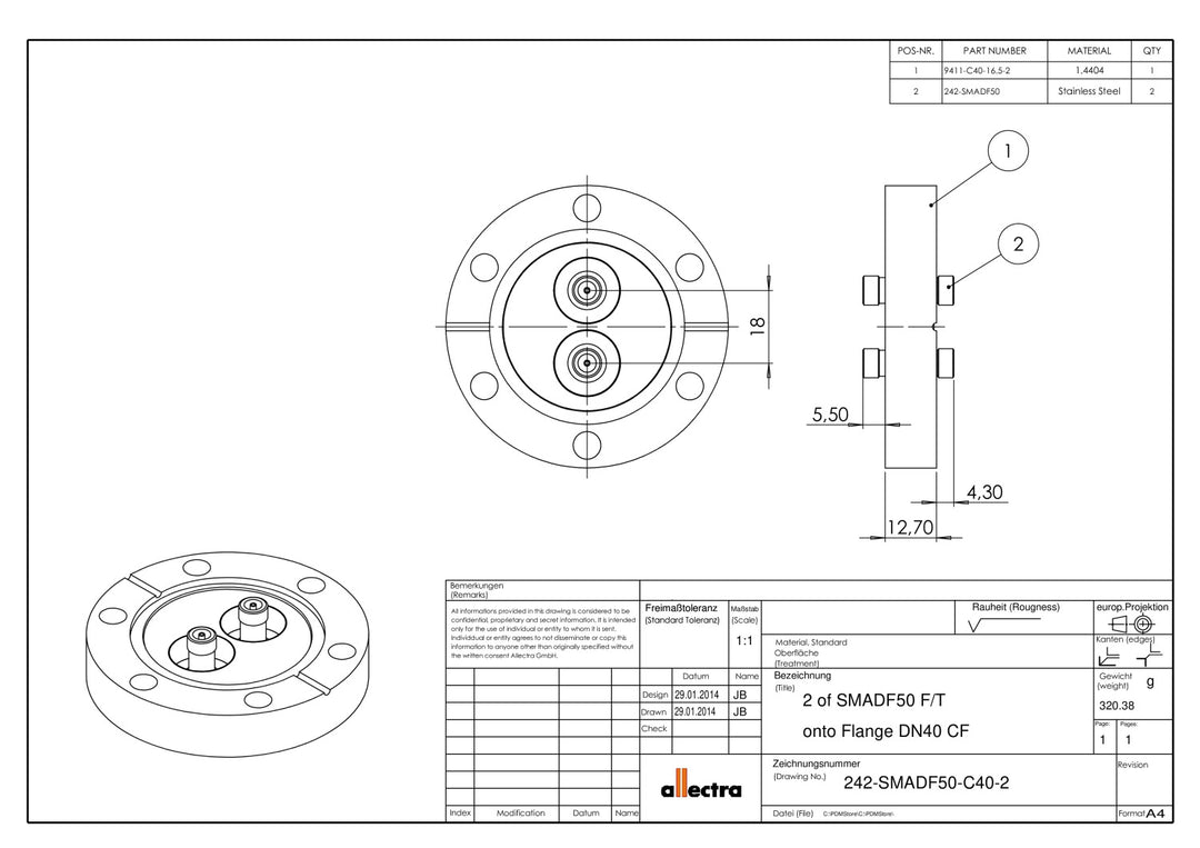 DN40CF 2x SMA FEEDTHROUGHS, 50 OHM, DOUBLE SIDED, FLOATING SHIELD, 1000V DC, 3A MAX, 6.5 GHz