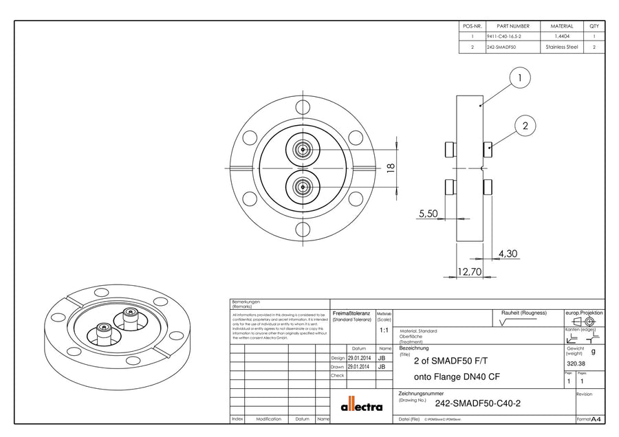 DN40CF 2x SMA FEEDTHROUGHS, 50 OHM, DOUBLE SIDED, FLOATING SHIELD, 1000V DC, 3A MAX, 6.5 GHz