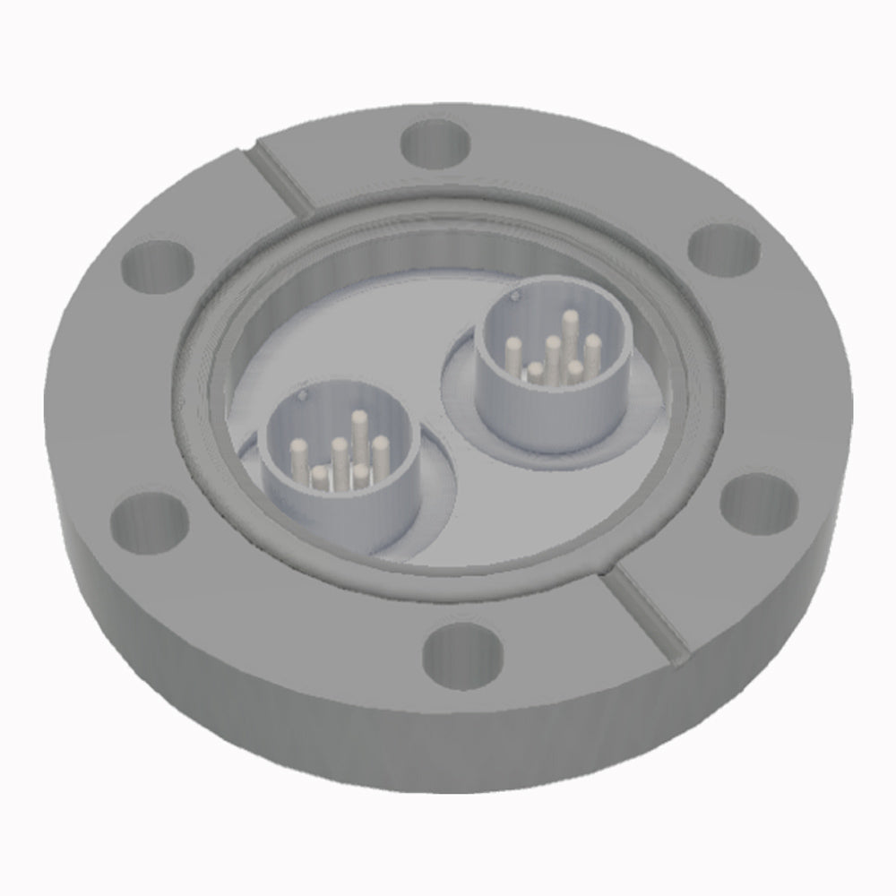 DN40CF FLANGE, 2x 6 PIN CIRCULAR MINIATURE FEEDTHROUGHS, UHV, 500V DC, 5 AMPS MAX