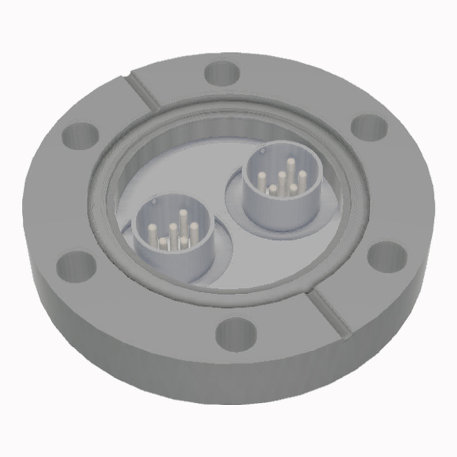 DN40CF FLANGE, 2x 6 PIN CIRCULAR MINIATURE FEEDTHROUGHS, UHV, 500V DC, 5 AMPS MAX