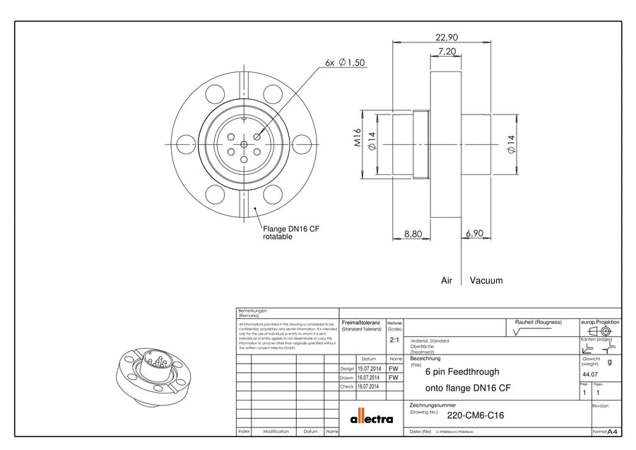 DN16CF FLANGE, 6 PIN CIRCULAR MINIATURE FEEDTHROUGH