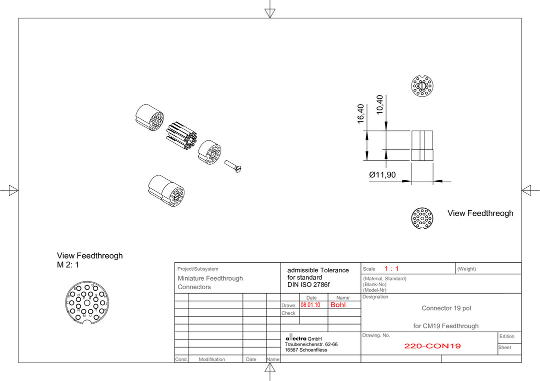 CM STRAIGHT CONNECTOR, 19 PIN, FEMALE, PEEK, UHV, HOUSING; PINS