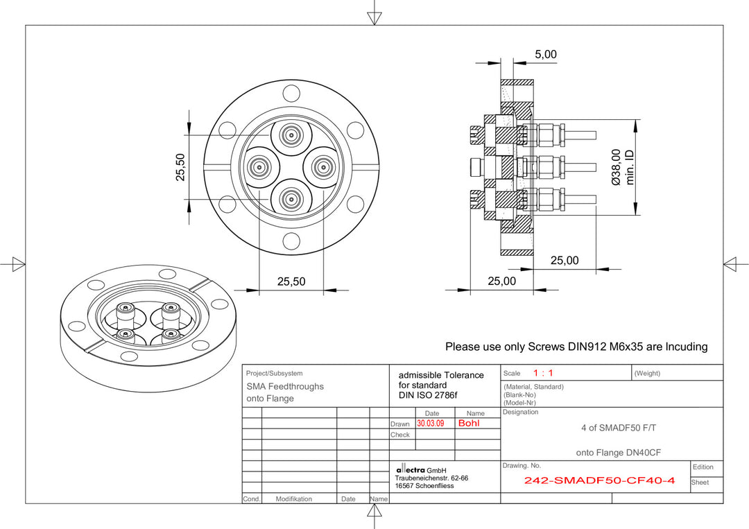 DN40CF 4x SMA FEEDTHROUGHS, 50 OHM, DOUBLE SIDED, FLOATING SHIELD, 1000V DC, 3A MAX, 6.5 GHz