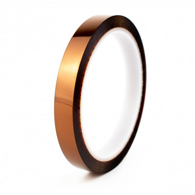 KAPTON TAPE 12mm WIDE, LENGTH 33m. MADE WITH HIGH TEMP SILICONE ADHESIVE. TEMP RANGE -70°C to 260°C