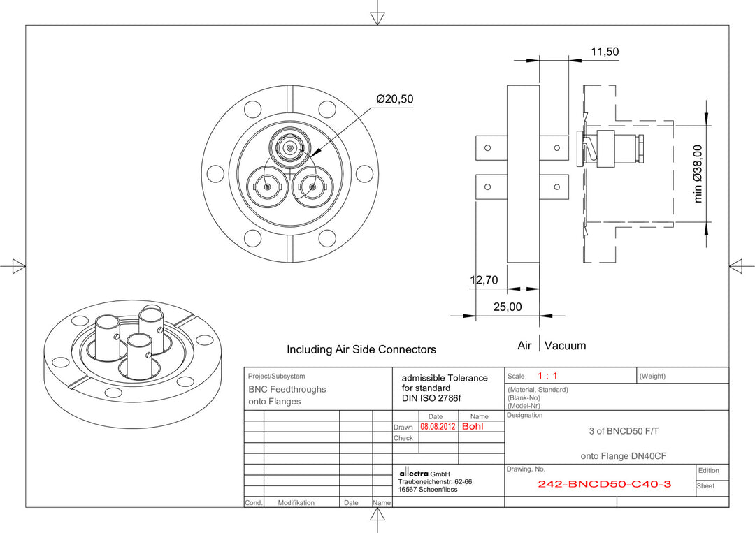 DN40CF BNC FEEDTHROUGH, 3 PINS, 50Ω, GROUNDED SHIELD, DOUBLE SIDED, RG58 SOCKET