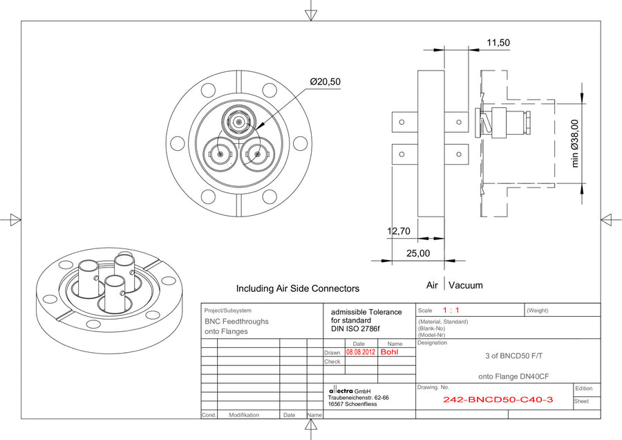 DN40CF BNC FEEDTHROUGH, 3 PINS, 50Ω, GROUNDED SHIELD, DOUBLE SIDED, RG58 SOCKET