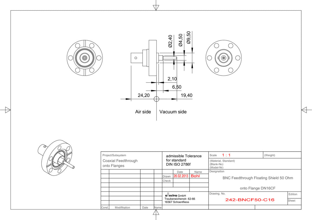 DN16CF BNC FEEDTHROUGH, 50 OHM TYPE, FLOATING SHIELD, SINGLE SIDED, RG58 SOCKET