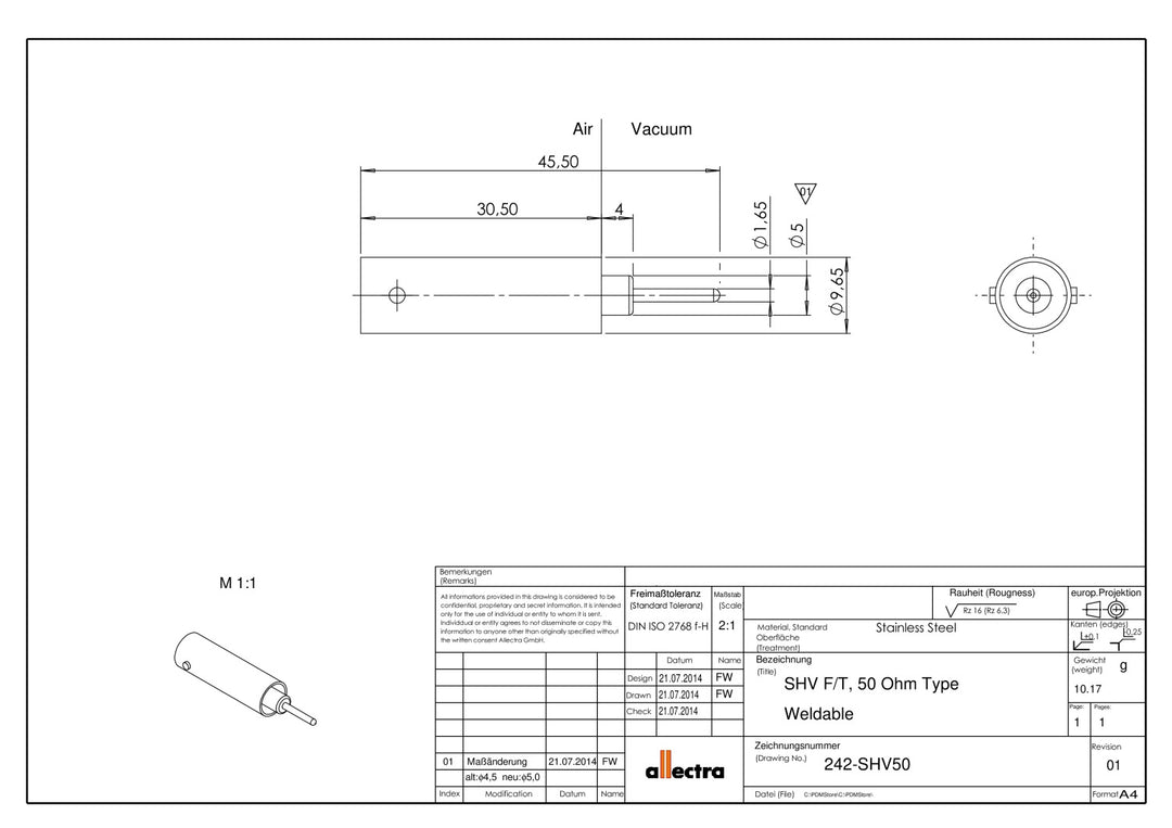 WELDABLE SAFE HIGH VOLTAGE (SHV 6kV), SINGLE ENDED, GROUNDED SHIELD