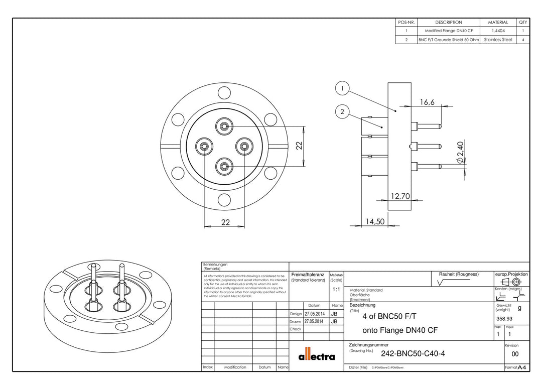 DN40CF BNC FEEDTHROUGH, 4 PINS, 50Ω, SINGLE SIDED, GROUNDED SHIELD, RG58 SOCKET