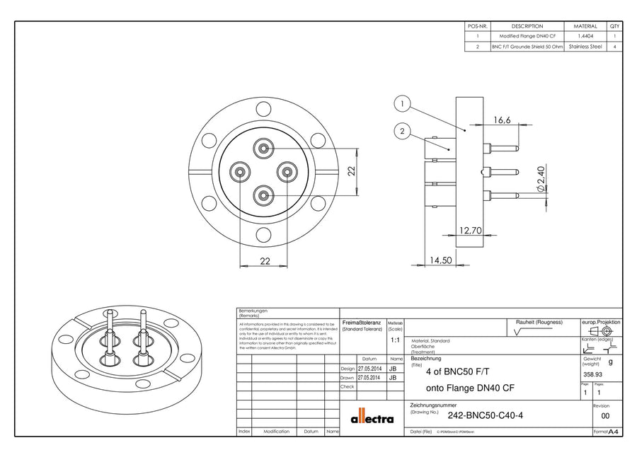 DN40CF BNC FEEDTHROUGH, 4 PINS, 50Ω, SINGLE SIDED, GROUNDED SHIELD, RG58 SOCKET